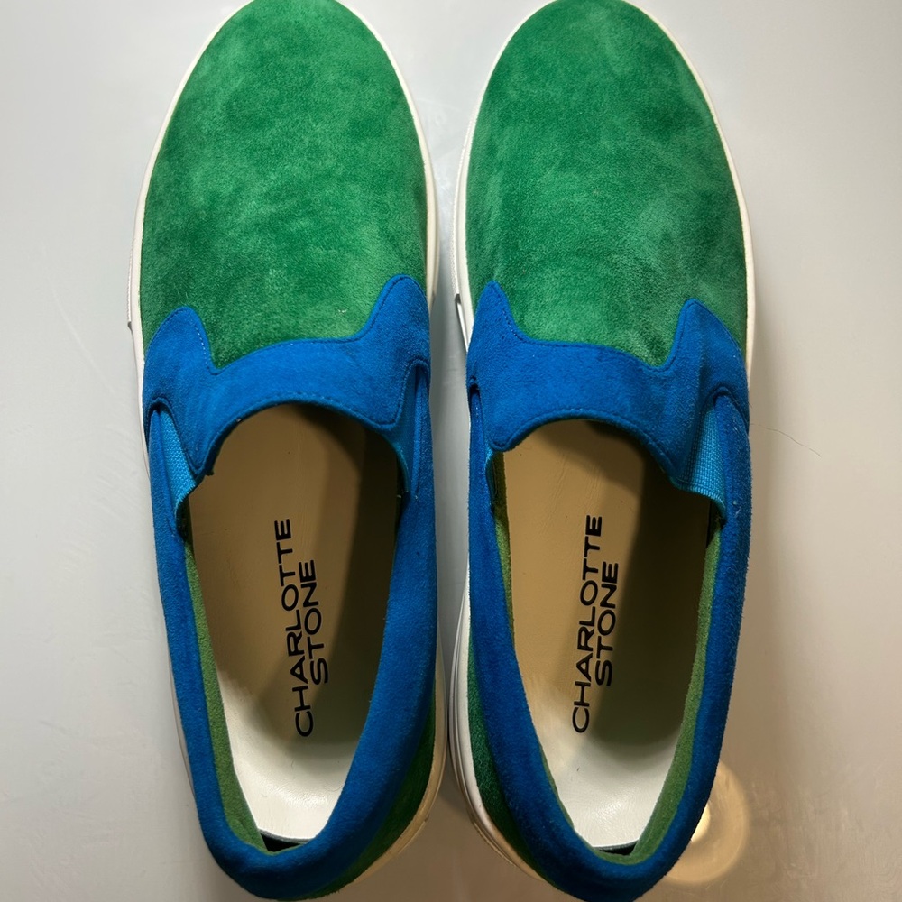 Charlotte Stone Green and Blue Suede Slip-Ons - Picture 3 of 6